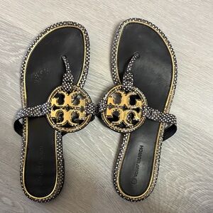 Tory Burch Black and Gold Embellished Sandals